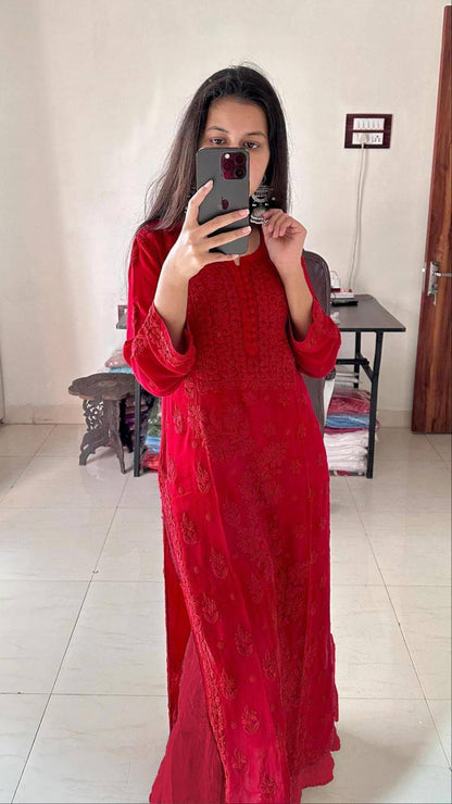 Red color Georgette Chikankari Embroidery Work Kurta Pant with Dupatta