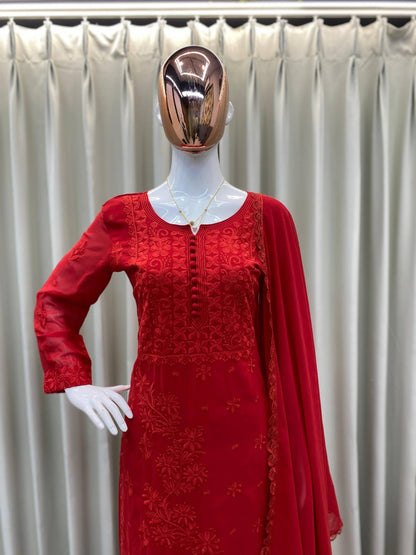 Red color Georgette Chikankari Embroidery Work Kurta Pant with Dupatta