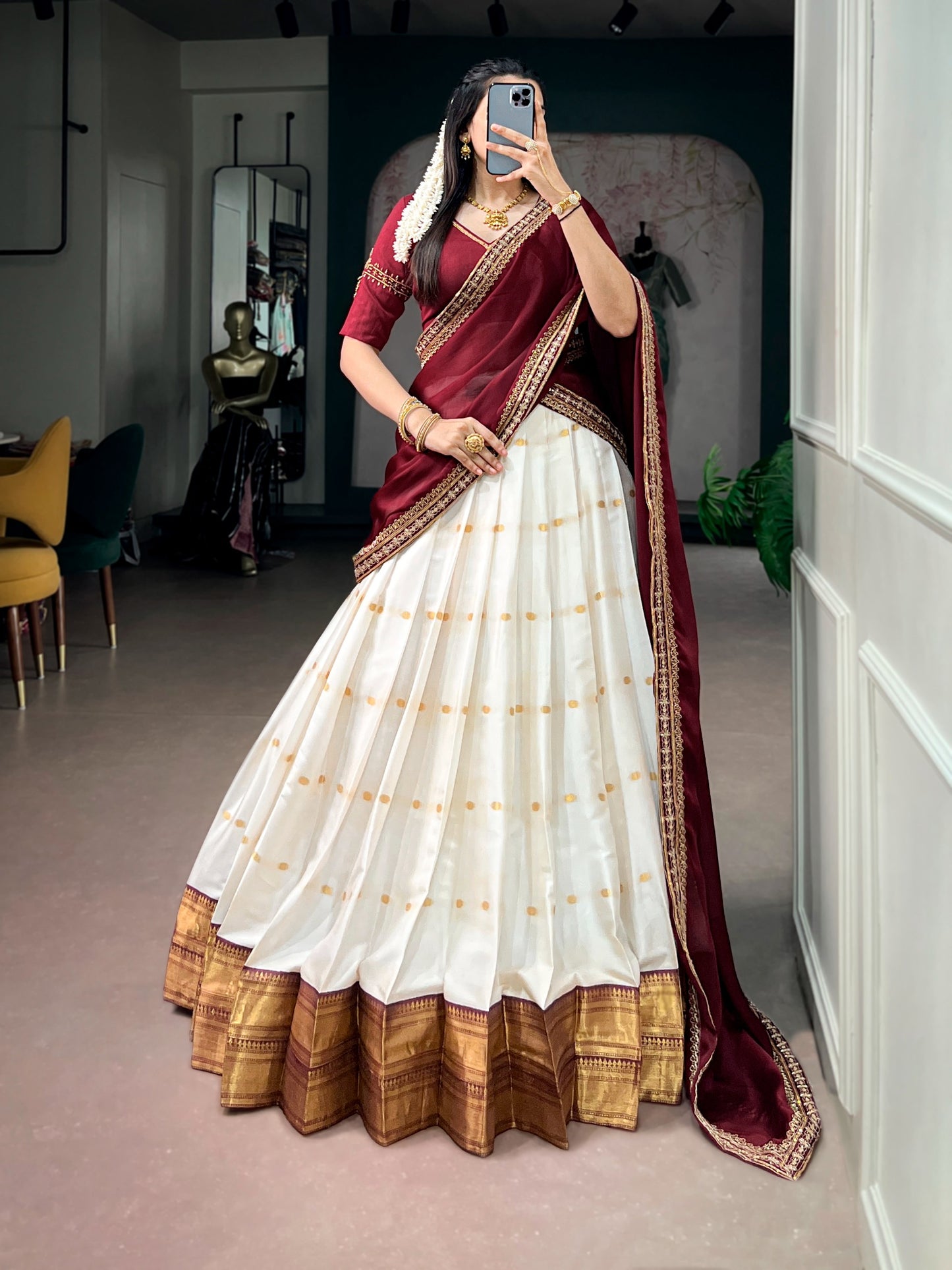 White and Maroon Traditional Zari Weaving Lehenga with Beads Handwork Blouse