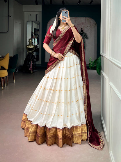 White and Maroon Traditional Zari Weaving Lehenga with Beads Handwork Blouse