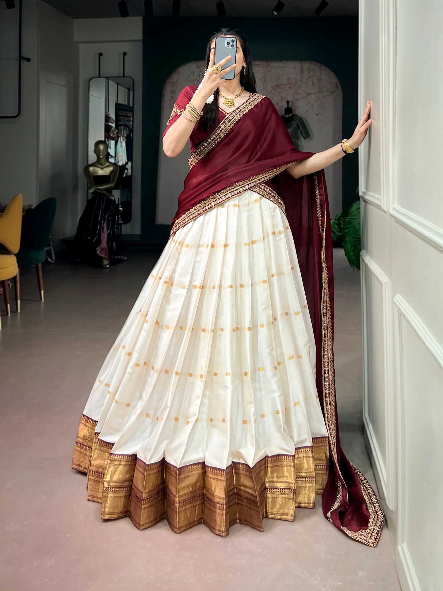 White and Maroon Traditional Zari Weaving Lehenga with Beads Handwork Blouse