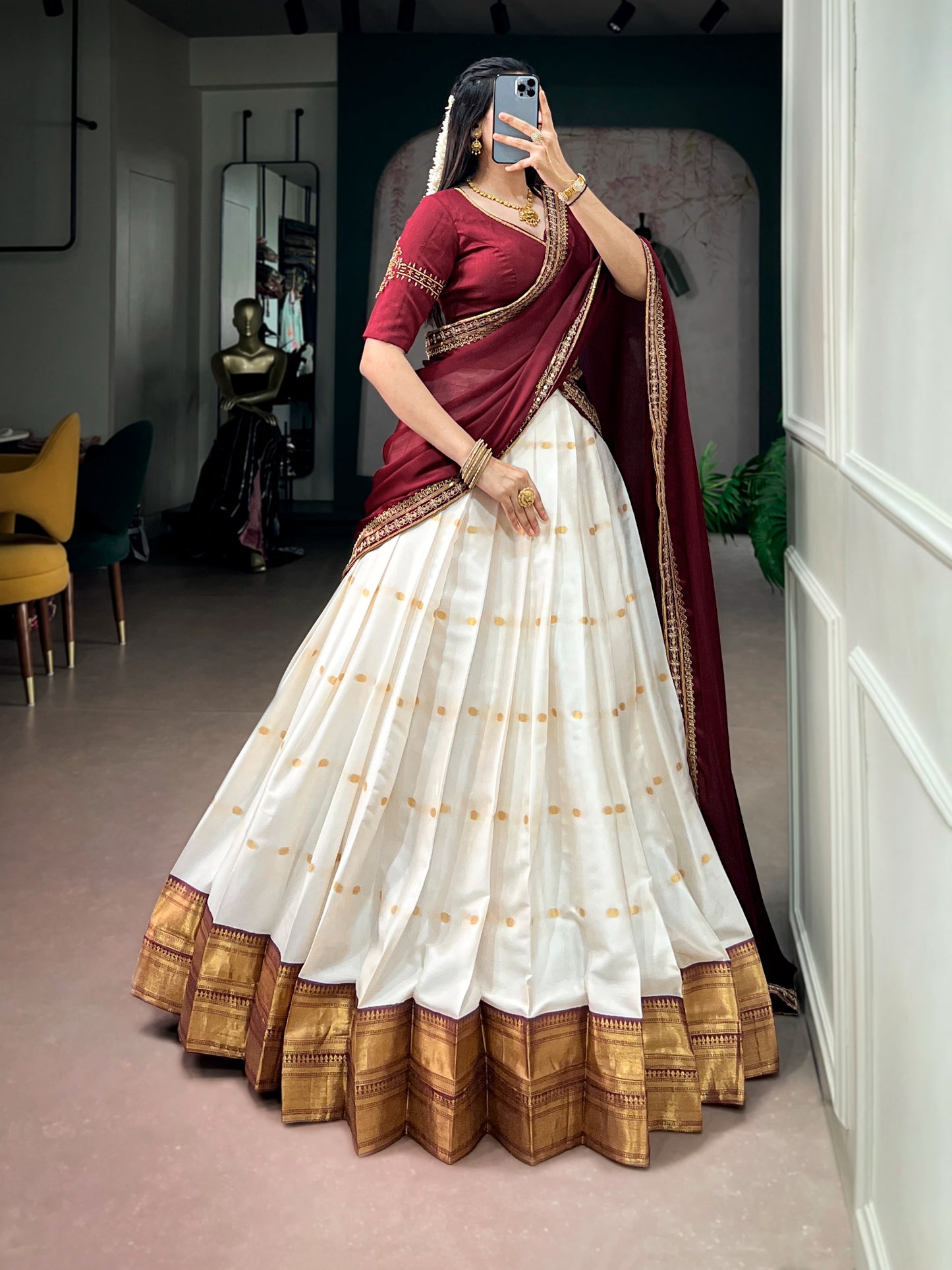 White and Maroon Traditional Zari Weaving Lehenga with Beads Handwork Blouse