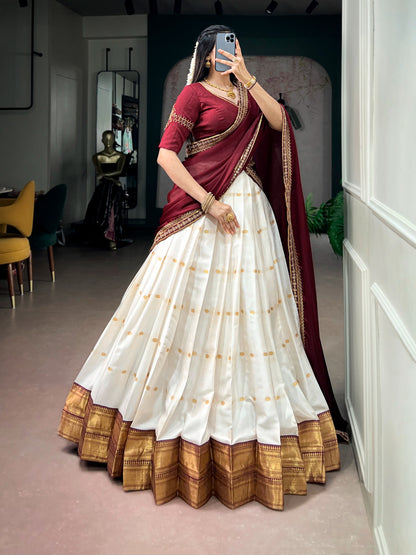 White and Maroon Traditional Zari Weaving Lehenga with Beads Handwork Blouse