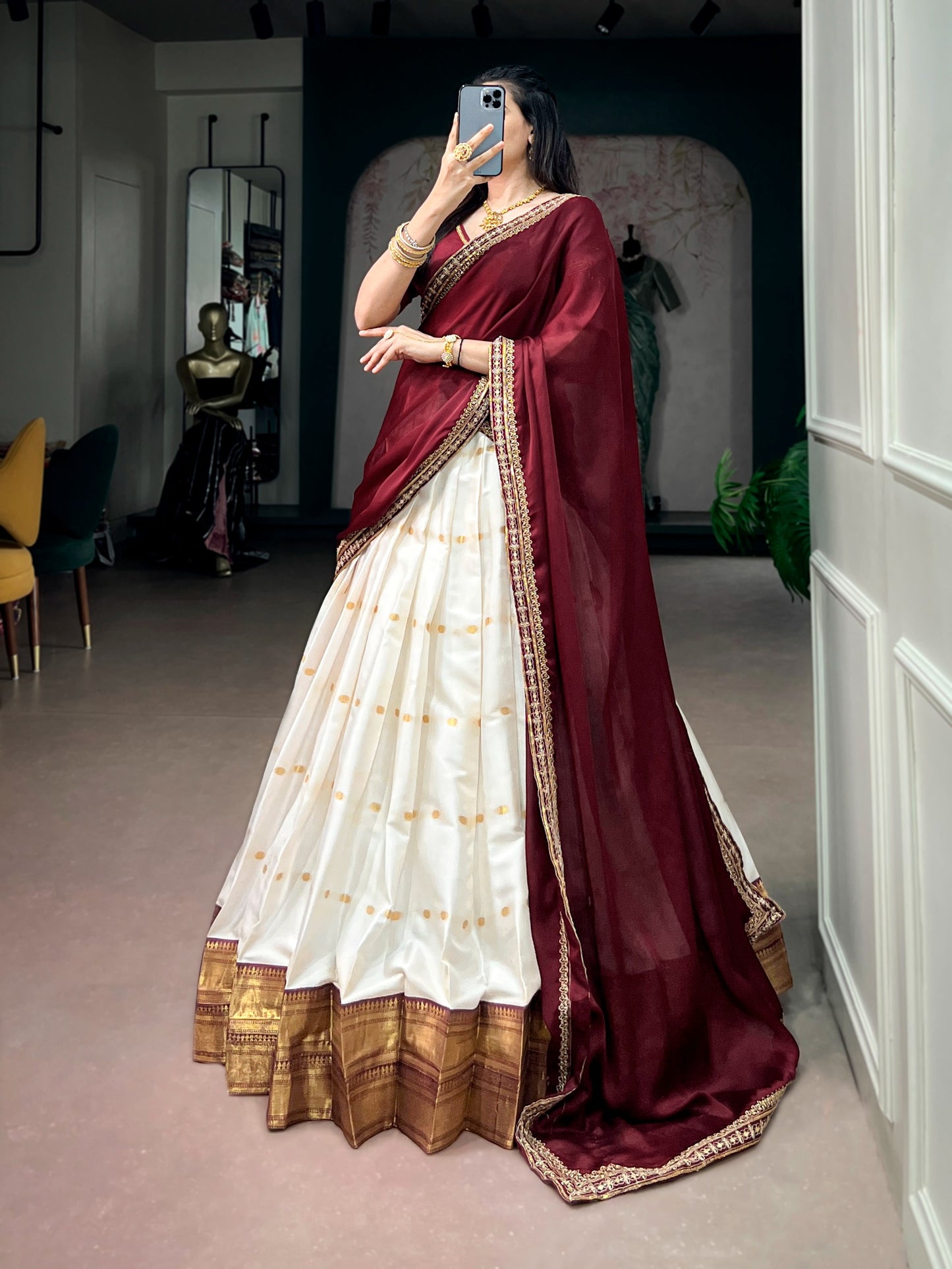 White and Maroon Traditional Zari Weaving Lehenga with Beads Handwork Blouse