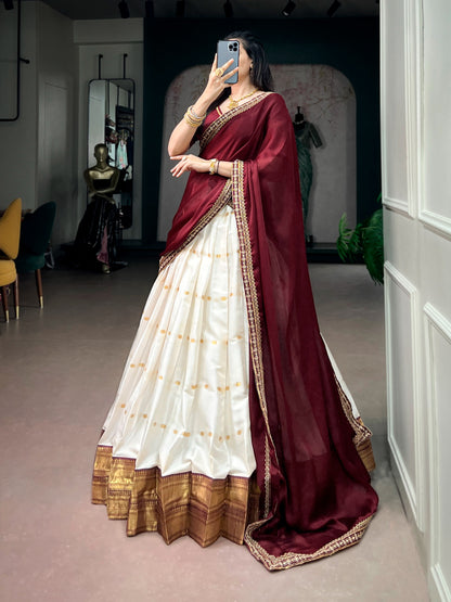 White and Maroon Traditional Zari Weaving Lehenga with Beads Handwork Blouse
