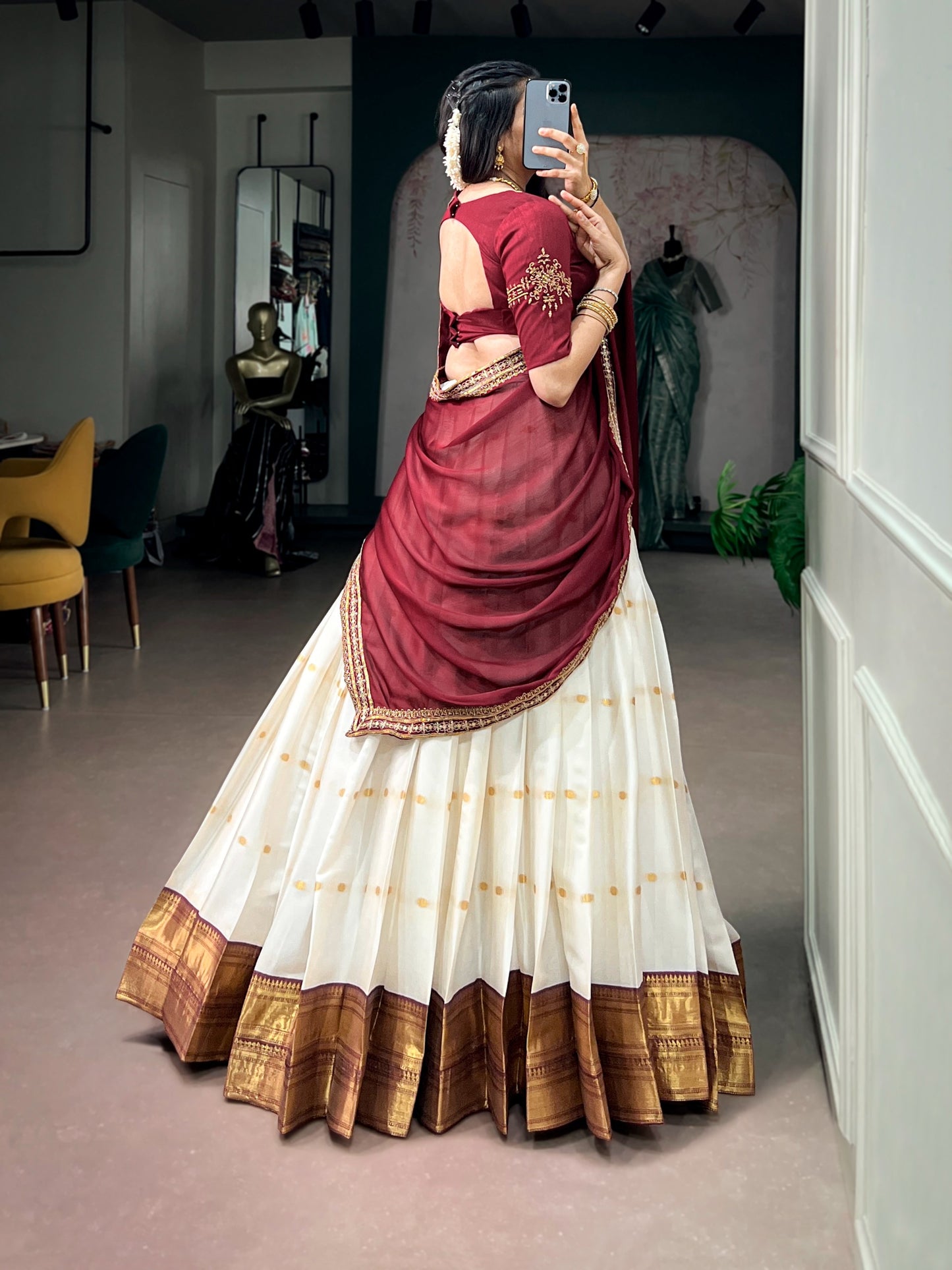 White and Maroon Traditional Zari Weaving Lehenga with Beads Handwork Blouse