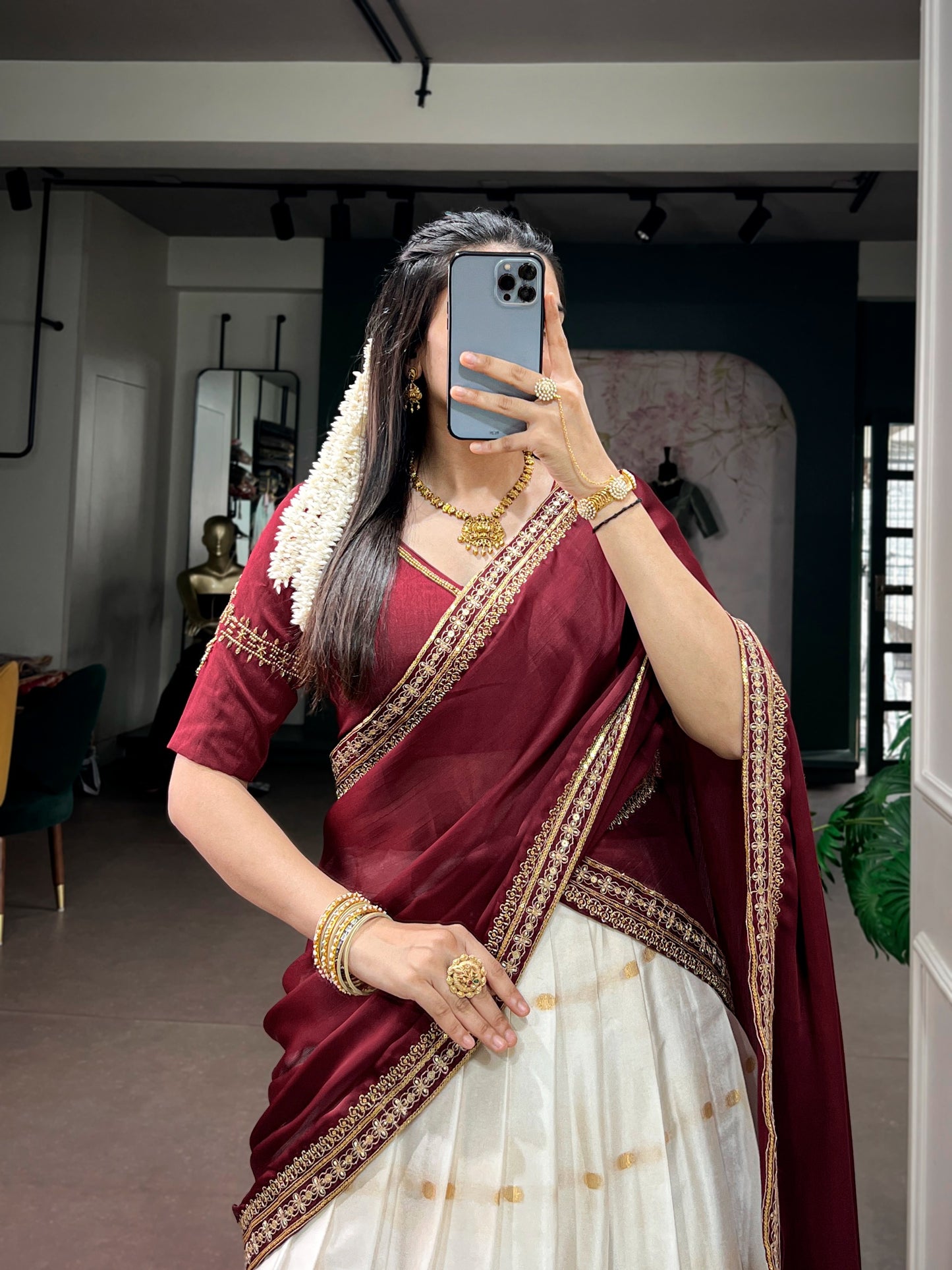 White and Maroon Traditional Zari Weaving Lehenga with Beads Handwork Blouse
