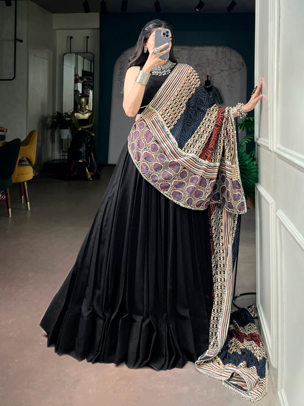 Black color Rayon Ready to wear Navratri Lehenga Choli with Dupatta