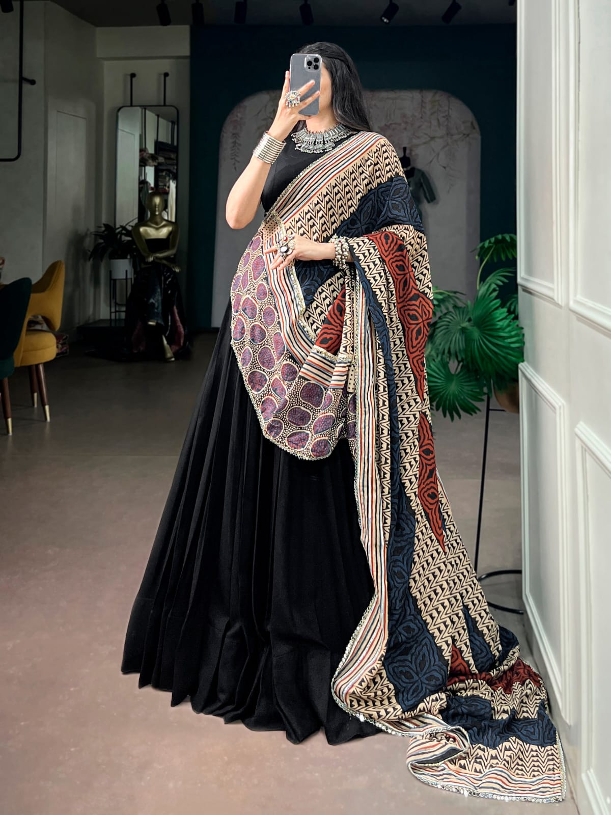 Black color Rayon Ready to wear Navratri Lehenga Choli with Dupatta