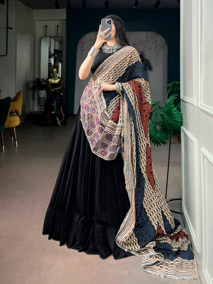 Black color Rayon Ready to wear Navratri Lehenga Choli with Dupatta