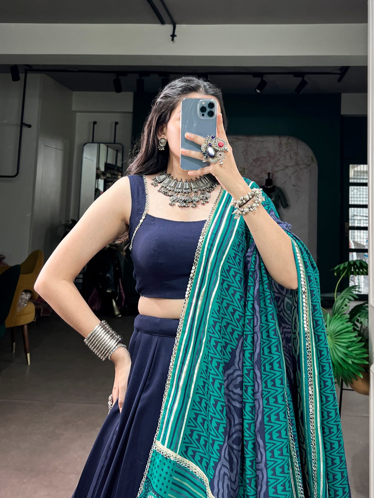 Navy Blue color Rayon Ready to wear Navratri Lehenga Choli with Dupatta