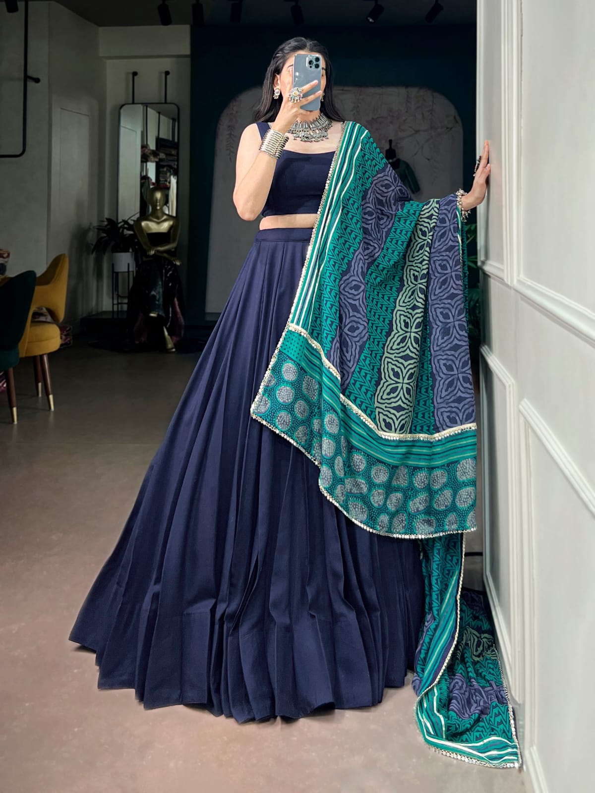 Navy Blue color Rayon Ready to wear Navratri Lehenga Choli with Dupatta