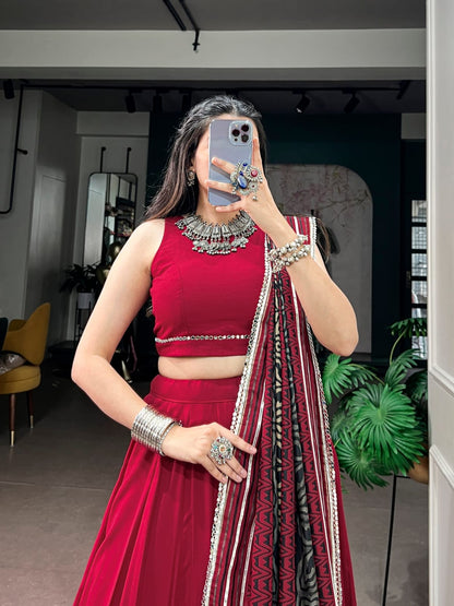 Red  color Rayon Ready to wear Navratri Lehenga Choli with Dupatta