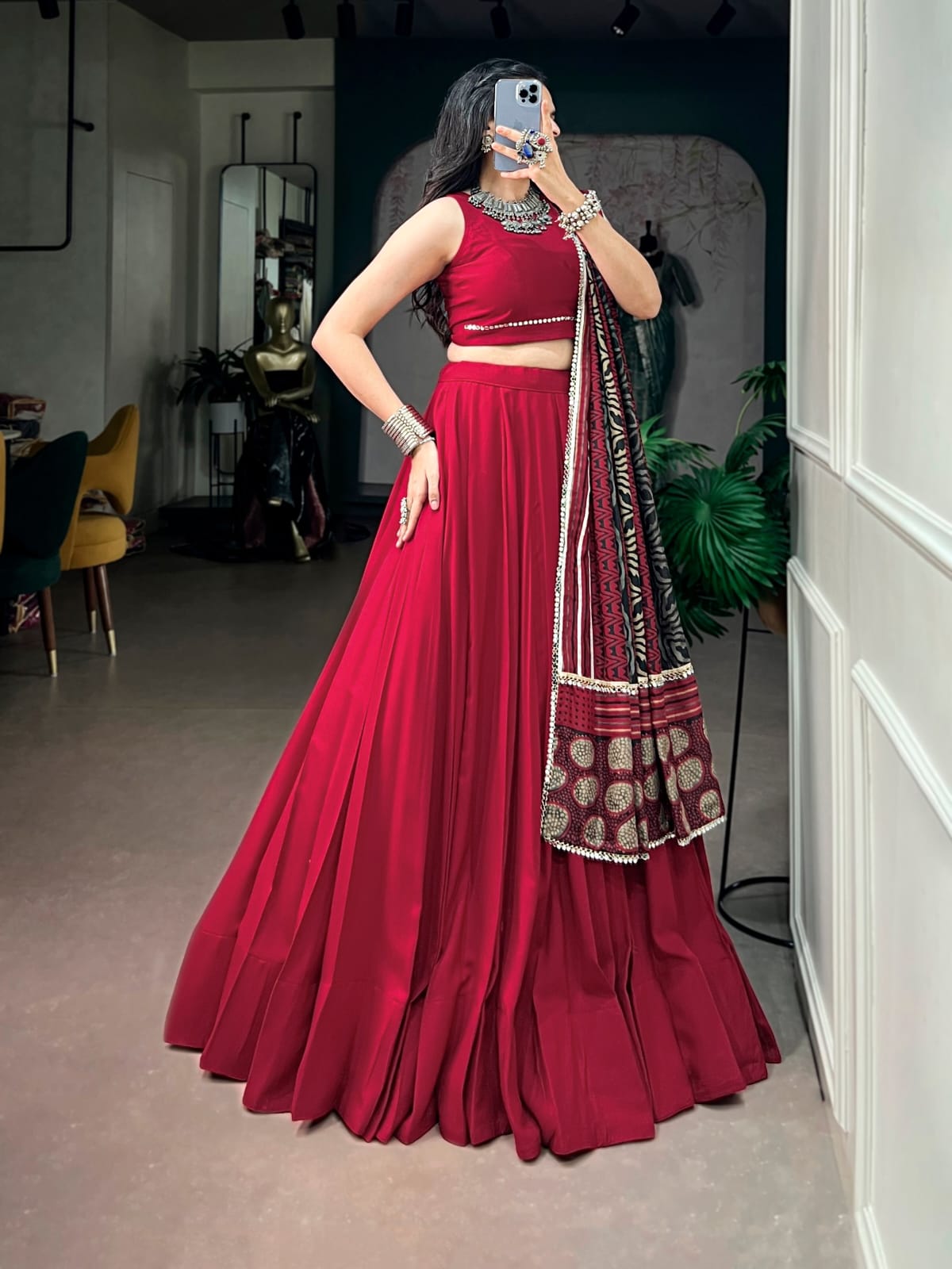 Red  color Rayon Ready to wear Navratri Lehenga Choli with Dupatta