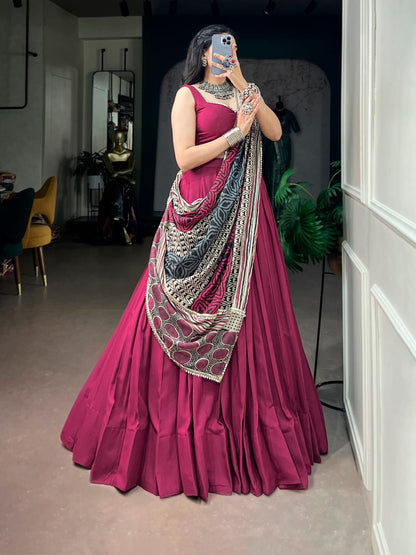 Magenta Pink color Rayon Ready to wear Navratri Lehenga Choli with Dupatta