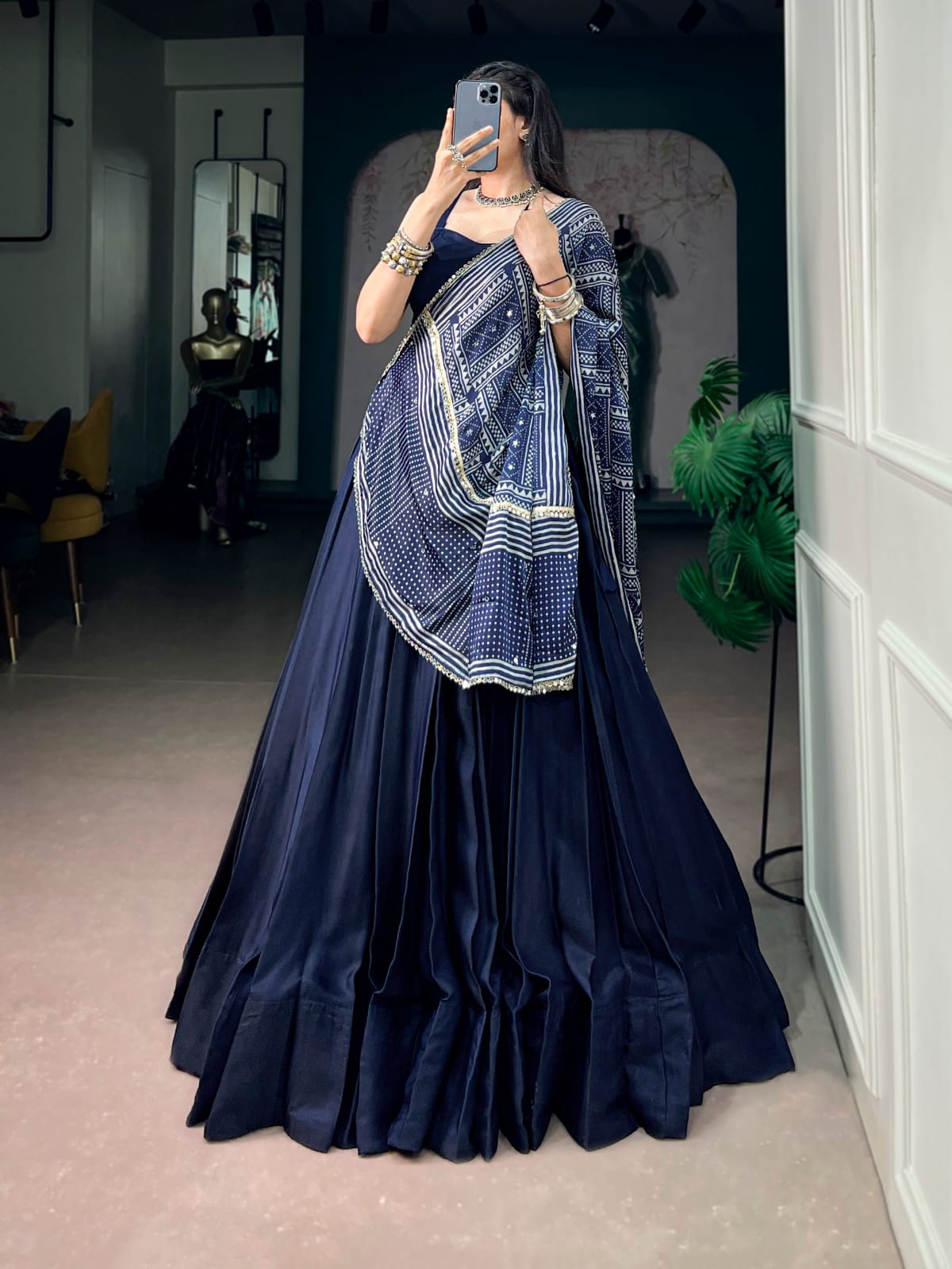 Classy and Trendy look Navy Blue Navratri Lehenga Choli with Ajrakh Print Dupatta
