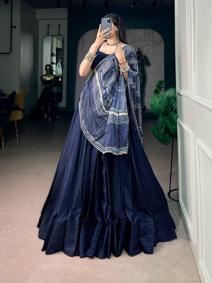 Classy and Trendy look Navy Blue Navratri Lehenga Choli with Ajrakh Print Dupatta