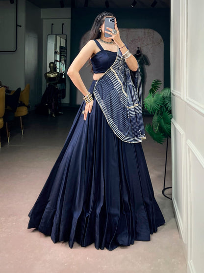 Classy and Trendy look Navy Blue Navratri Lehenga Choli with Ajrakh Print Dupatta
