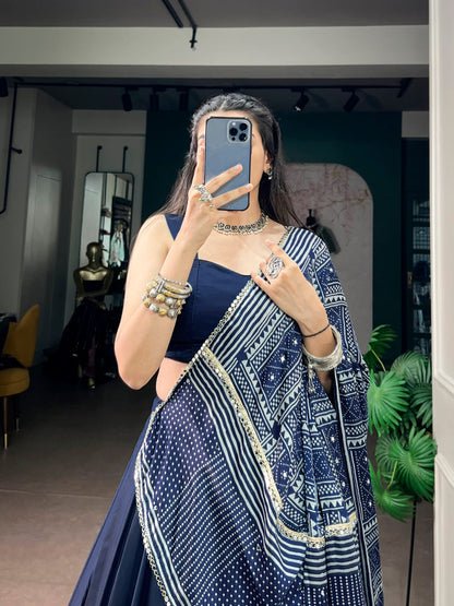 Classy and Trendy look Navy Blue Navratri Lehenga Choli with Ajrakh Print Dupatta