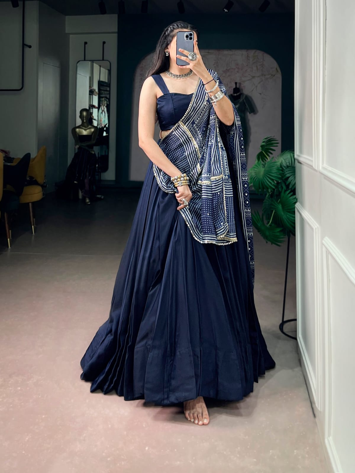 Classy and Trendy look Navy Blue Navratri Lehenga Choli with Ajrakh Print Dupatta