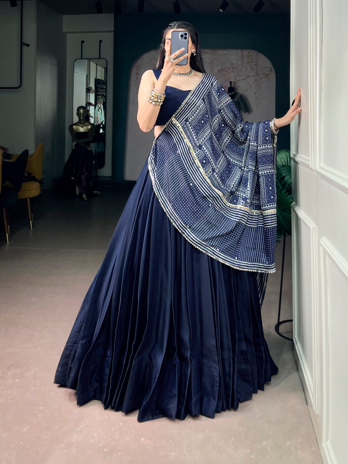Classy and Trendy look Navy Blue Navratri Lehenga Choli with Ajrakh Print Dupatta