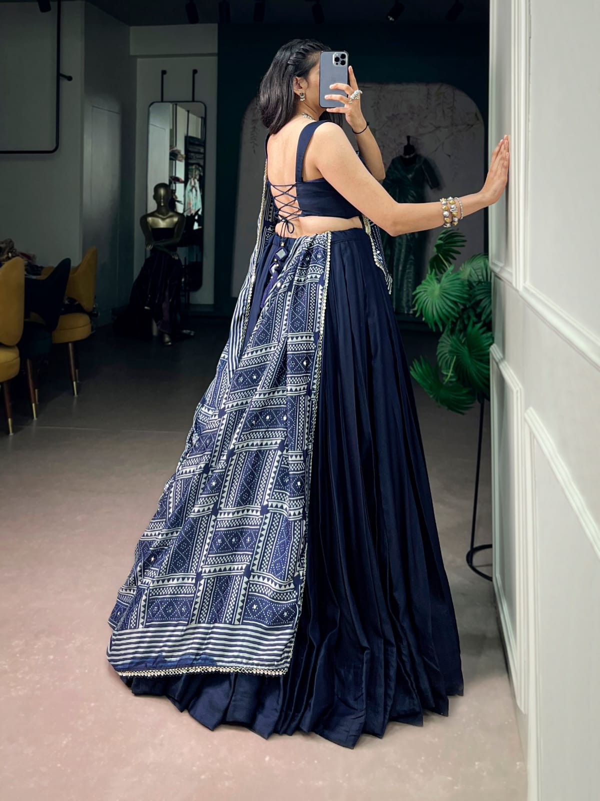Classy and Trendy look Navy Blue Navratri Lehenga Choli with Ajrakh Print Dupatta