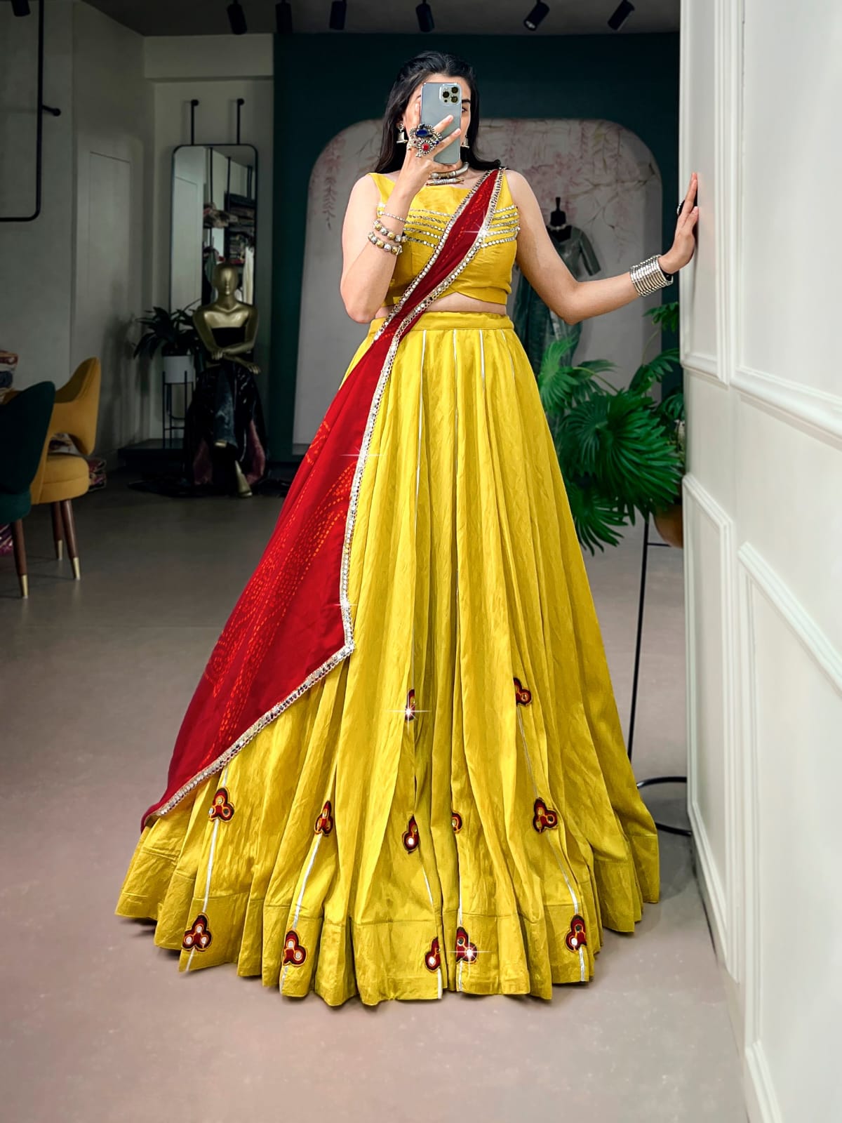 Traditional Yellow Mirror Gamthi Patches Work Navratri Lehenga Choli with Red Bandhani Dupatta