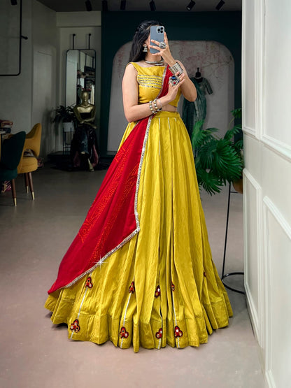 Traditional Yellow Mirror Gamthi Patches Work Navratri Lehenga Choli with Red Bandhani Dupatta