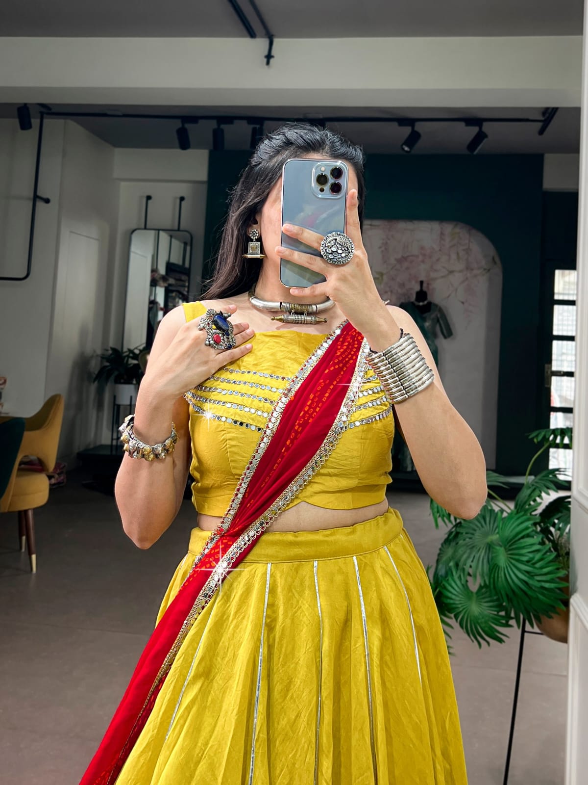 Traditional Yellow Mirror Gamthi Patches Work Navratri Lehenga Choli with Red Bandhani Dupatta