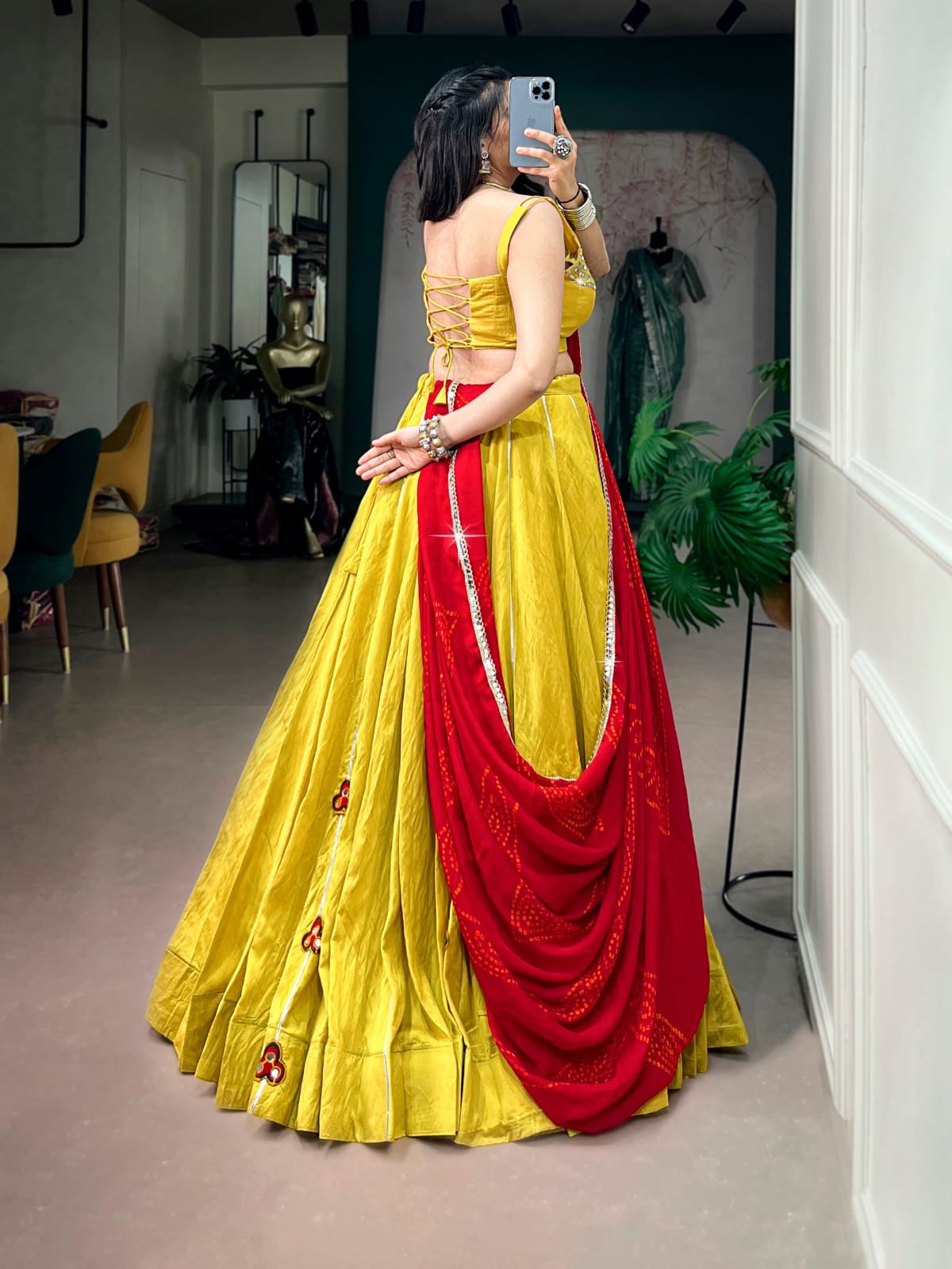 Traditional Yellow Mirror Gamthi Patches Work Navratri Lehenga Choli with Red Bandhani Dupatta
