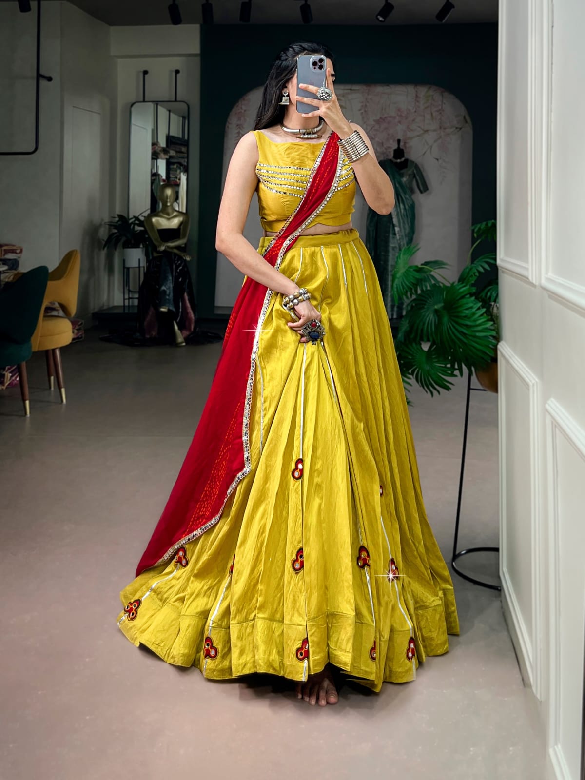 Traditional Yellow Mirror Gamthi Patches Work Navratri Lehenga Choli with Red Bandhani Dupatta