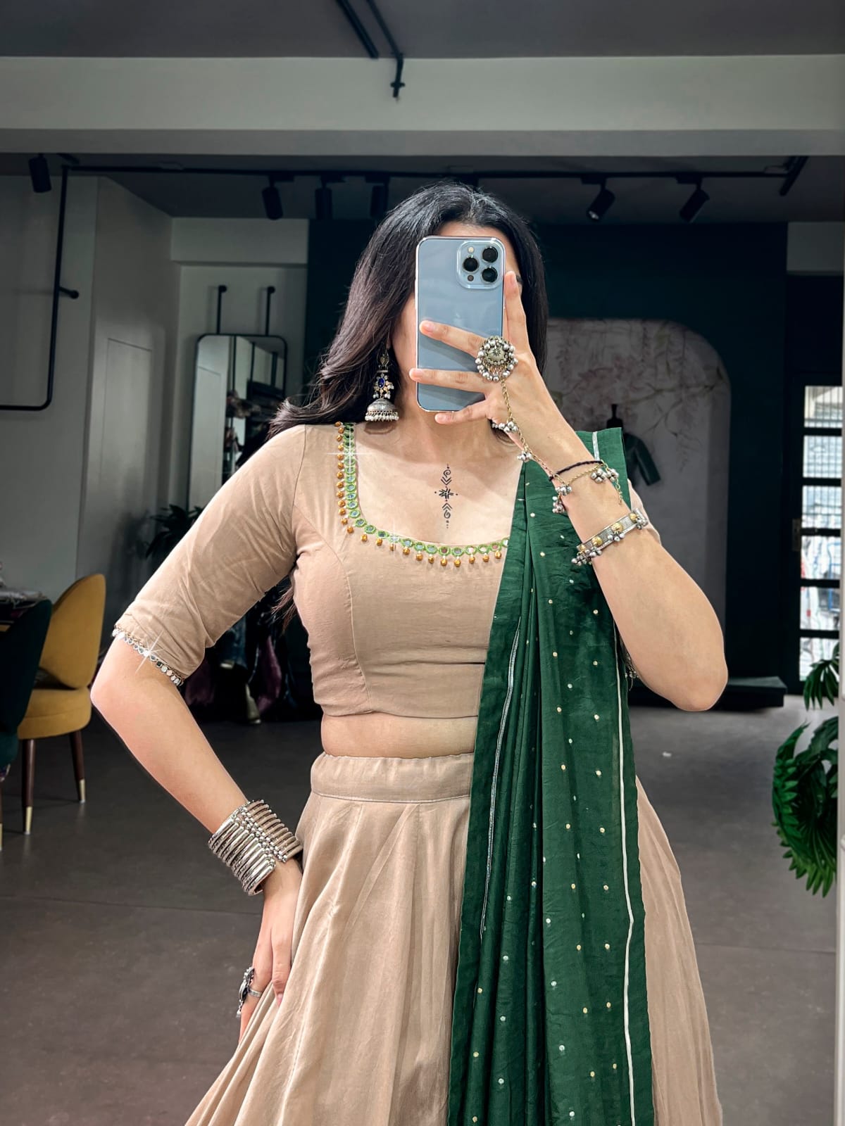 Elegant Beige Navratri Lehenga Choli and Dupatta