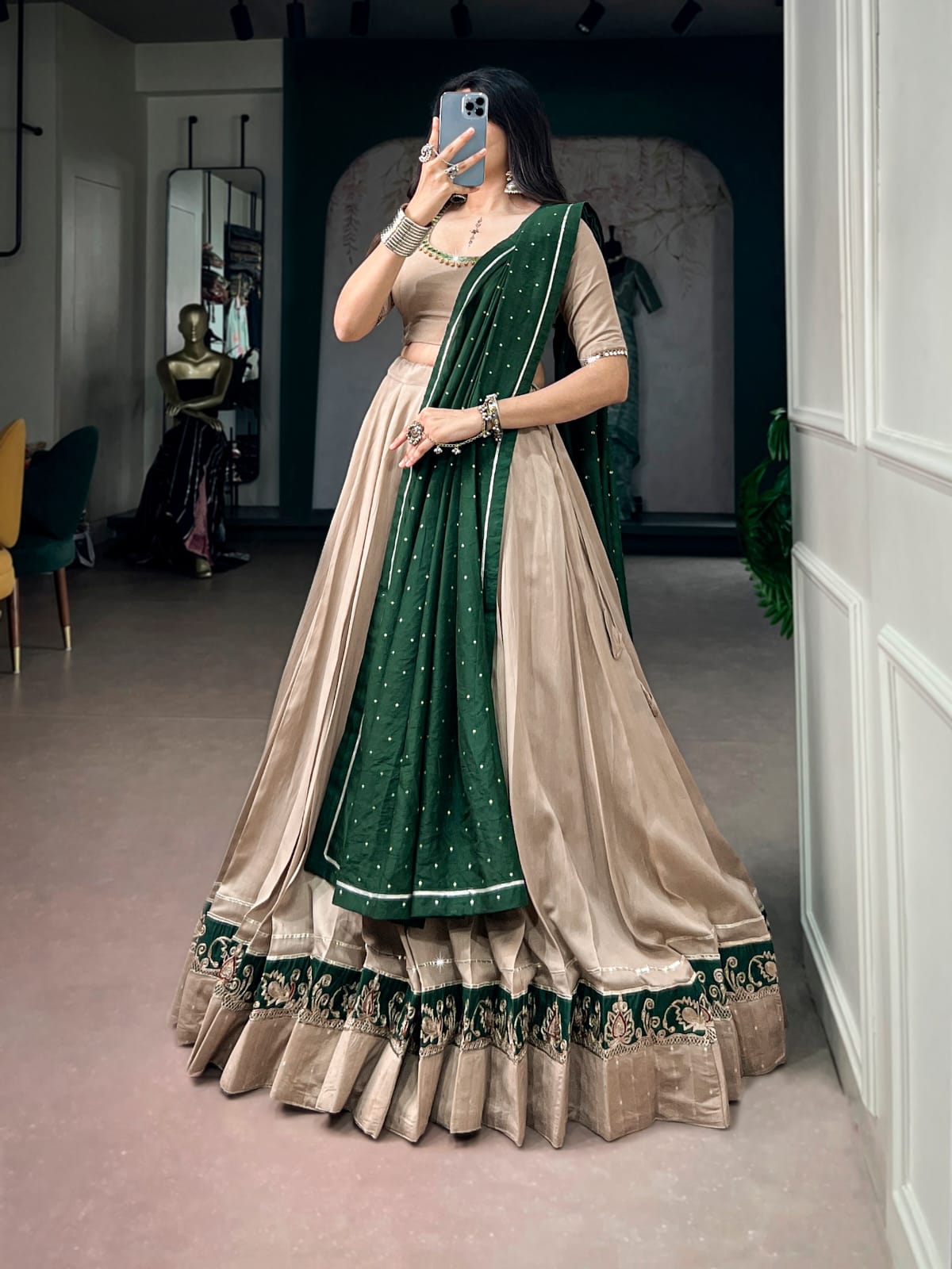 Elegant Beige Navratri Lehenga Choli and Dupatta