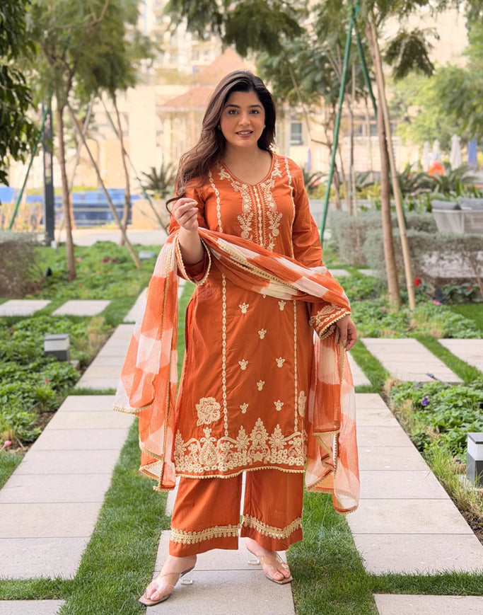 EXCLUSIVE RUST ORANGE DESGINER 3Pcs KURTA Pent PAIR Dupatta