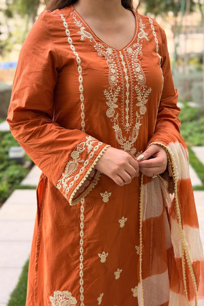 EXCLUSIVE RUST ORANGE DESGINER 3Pcs KURTA Pent PAIR Dupatta