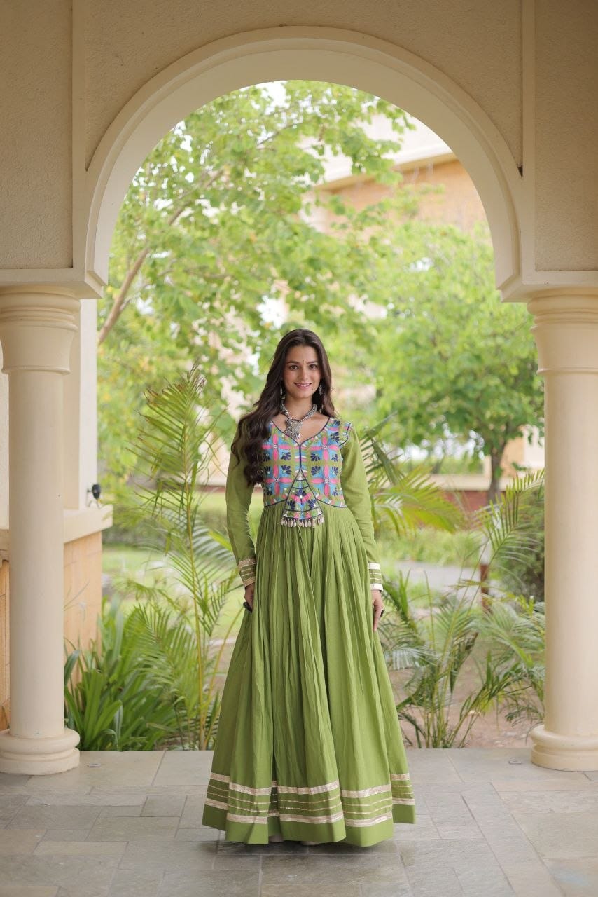 Embroidered and Real Mirror work Kodi Lace Navratri Anarkali Gown