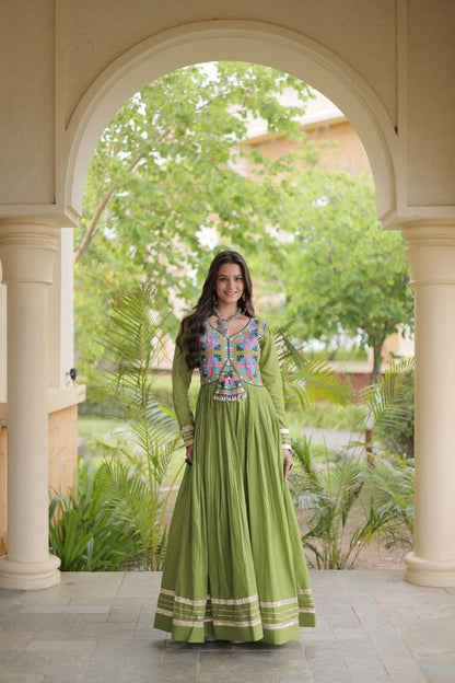 Embroidered and Real Mirror work Kodi Lace Navratri Anarkali Gown