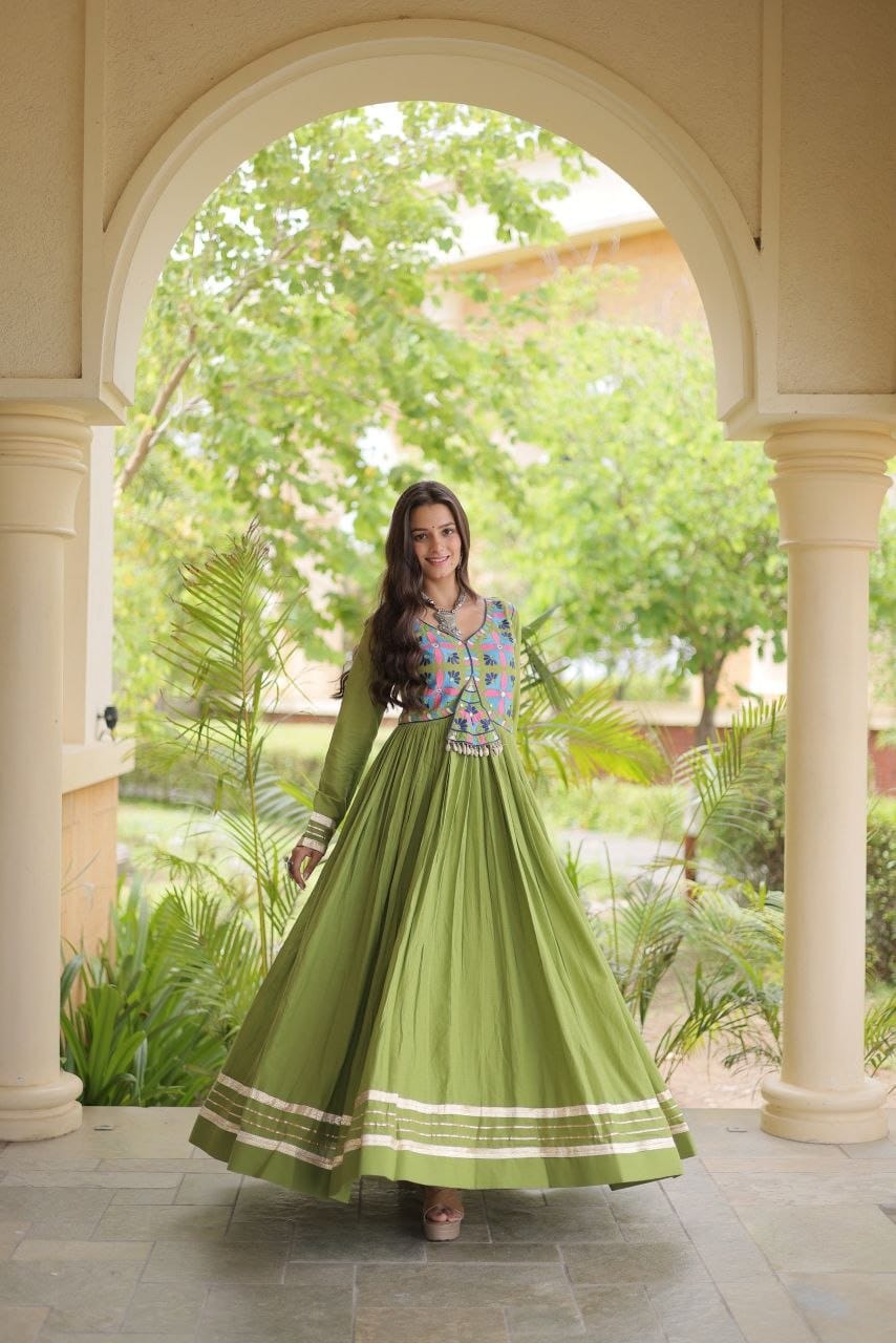 Embroidered and Real Mirror work Kodi Lace Navratri Anarkali Gown
