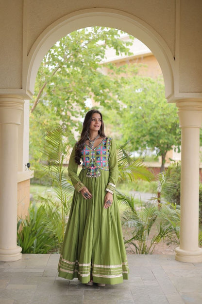 Embroidered and Real Mirror work Kodi Lace Navratri Anarkali Gown
