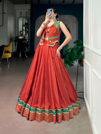Rust orange color Pure Chanderi Lehenga Choli with Gamthi Kodi work Jacket