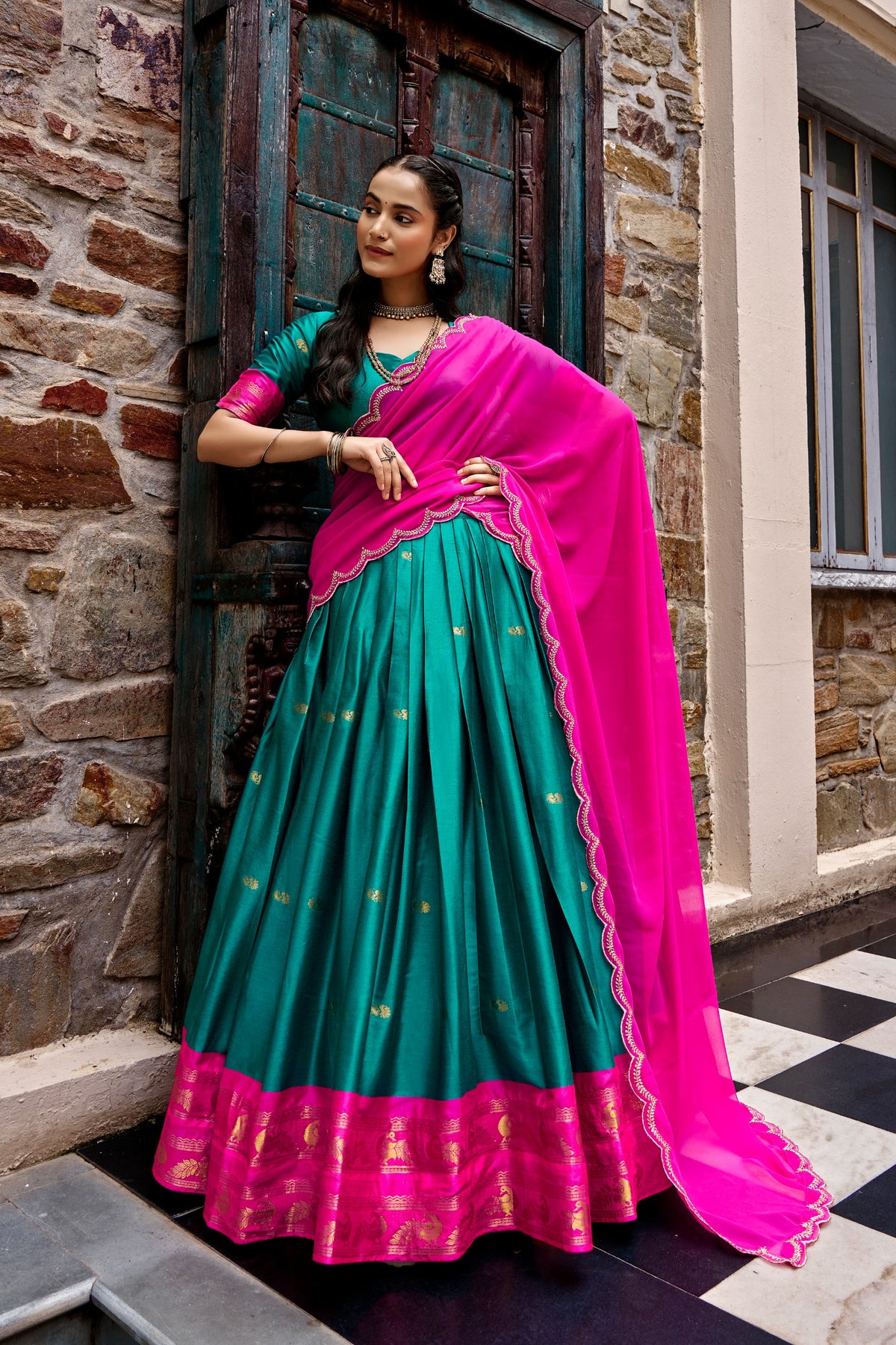 Teal and Pink Cotton Silk Zari Weaving Traditional Lehenga Choli with Dupatta