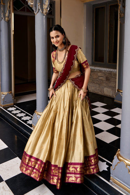chiku and Maroon Cotton Silk Zari Weaving Traditional Lehenga Choli with Dupatta