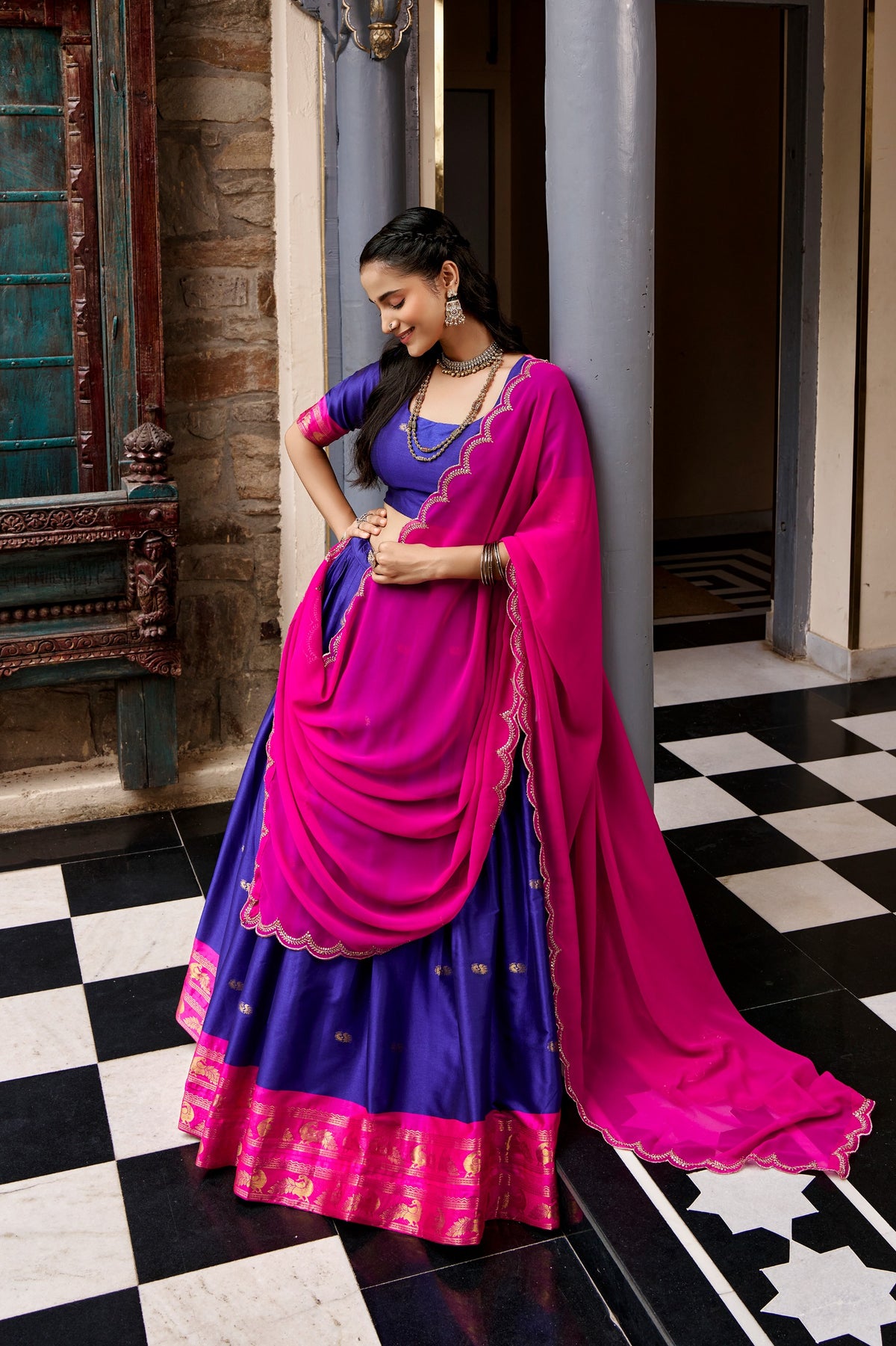Navy Blue and Hot Pink Cotton Silk Zari Weaving Traditional Lehenga Choli with Dupatta