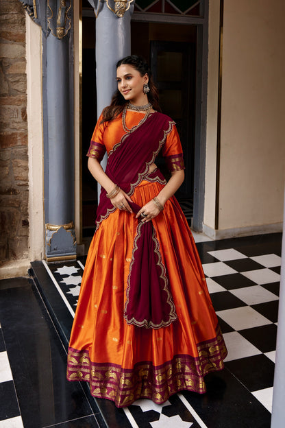 Orange and Maroon Cotton Silk Zari Weaving Traditional Lehenga Choli with Dupatta