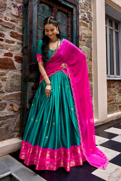 Teal and Pink Cotton Silk Zari Weaving Traditional Lehenga Choli with Dupatta