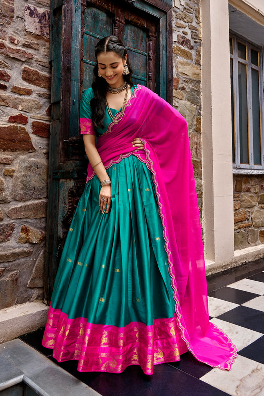 Teal and Pink Cotton Silk Zari Weaving Traditional Lehenga Choli with Dupatta