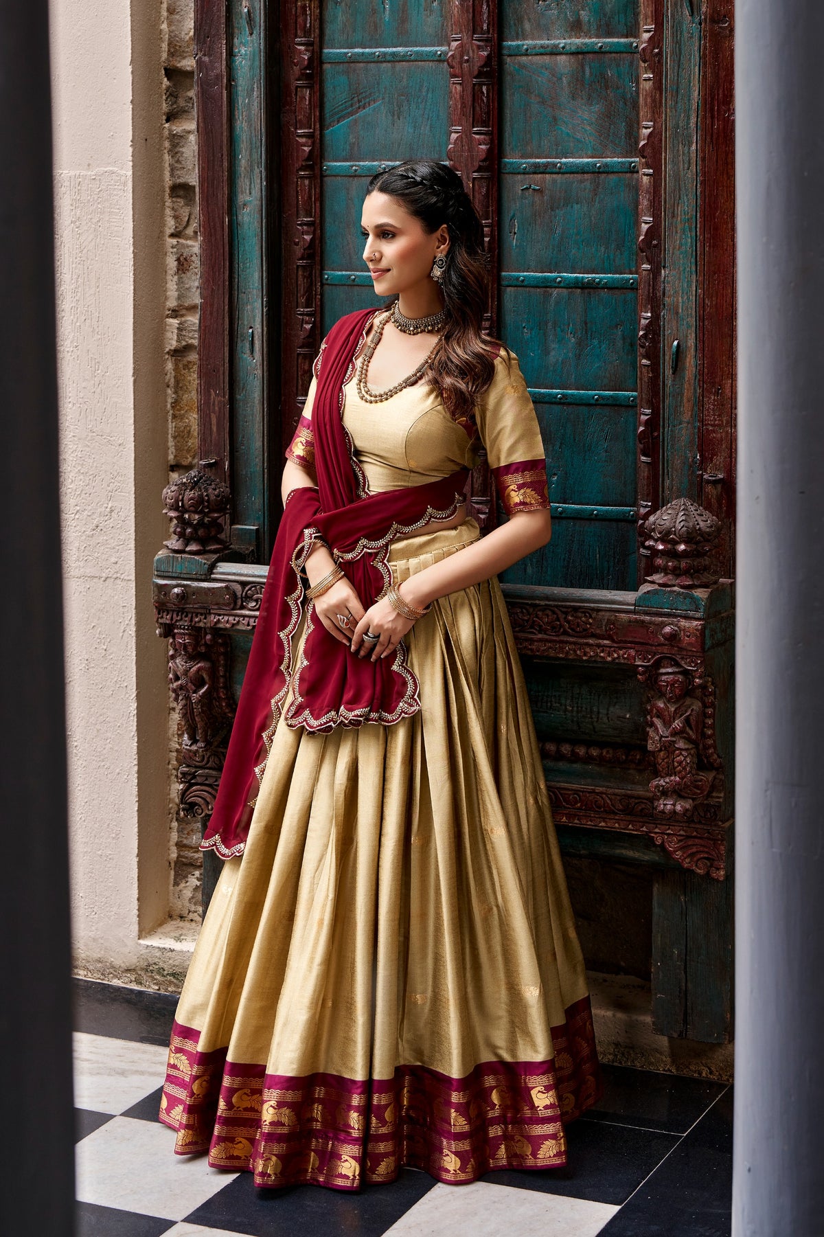 chiku and Maroon Cotton Silk Zari Weaving Traditional Lehenga Choli with Dupatta