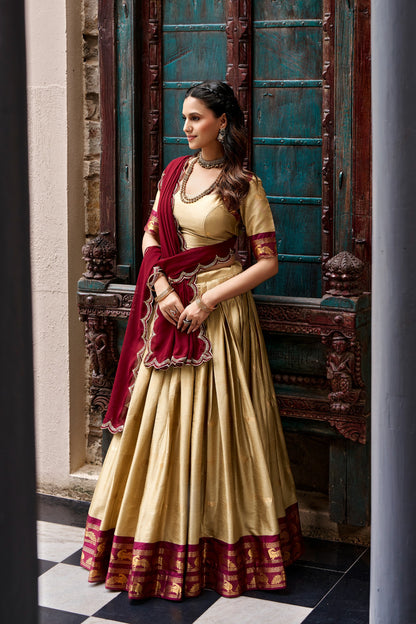 chiku and Maroon Cotton Silk Zari Weaving Traditional Lehenga Choli with Dupatta
