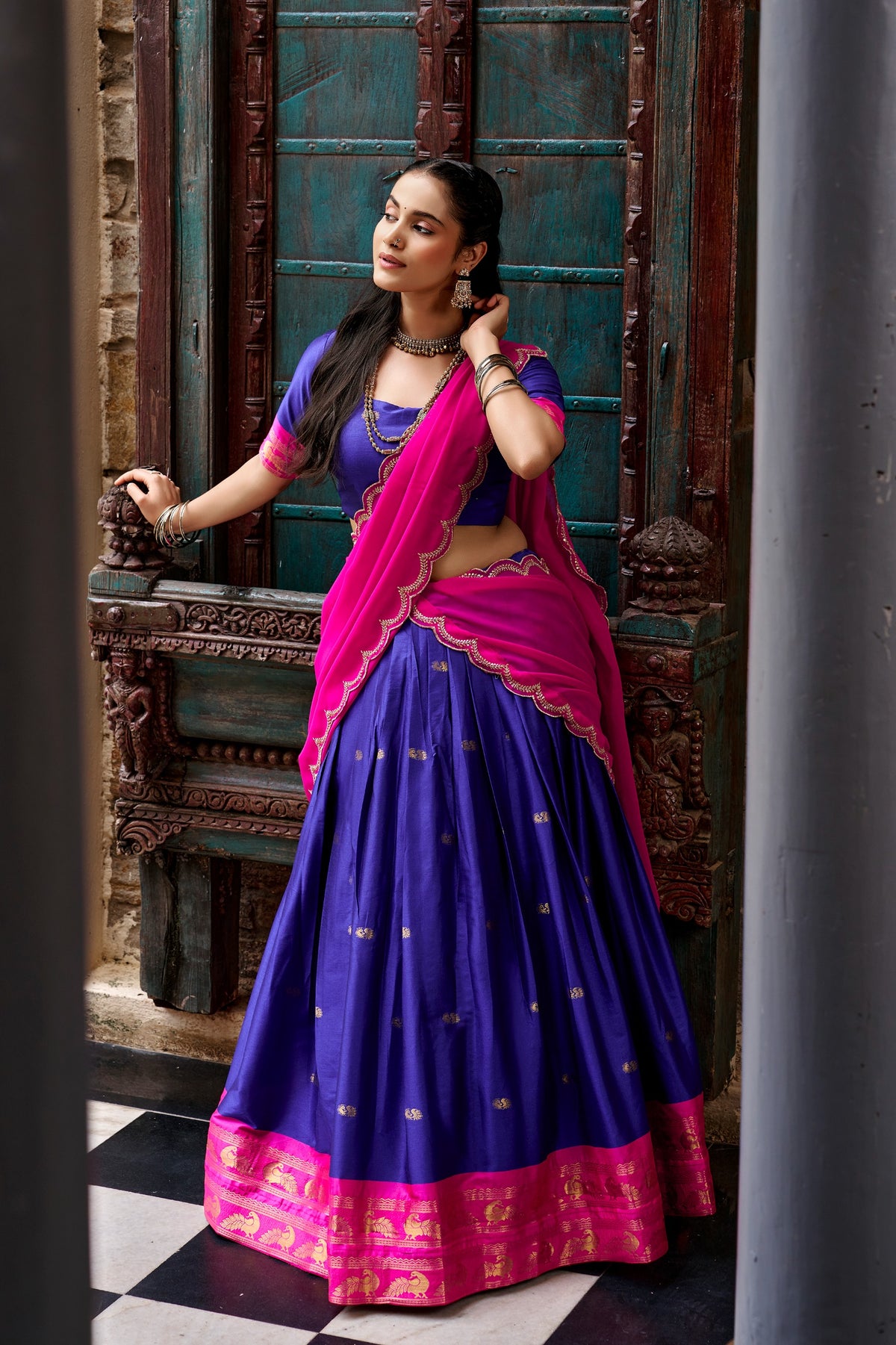 Navy Blue and Hot Pink Cotton Silk Zari Weaving Traditional Lehenga Choli with Dupatta