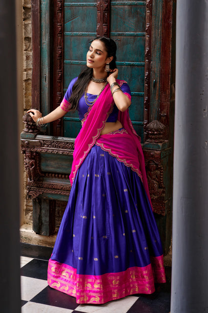Navy Blue and Hot Pink Cotton Silk Zari Weaving Traditional Lehenga Choli with Dupatta